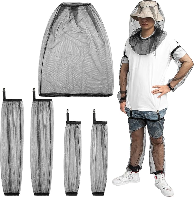 5 Pcs Mosquito Netting Suit-Extra Large Mosquito Head Net Mesh,Arm and Leg Sleeves-Mosquito Protection Suit for Men Women Camping Hiking Fishing