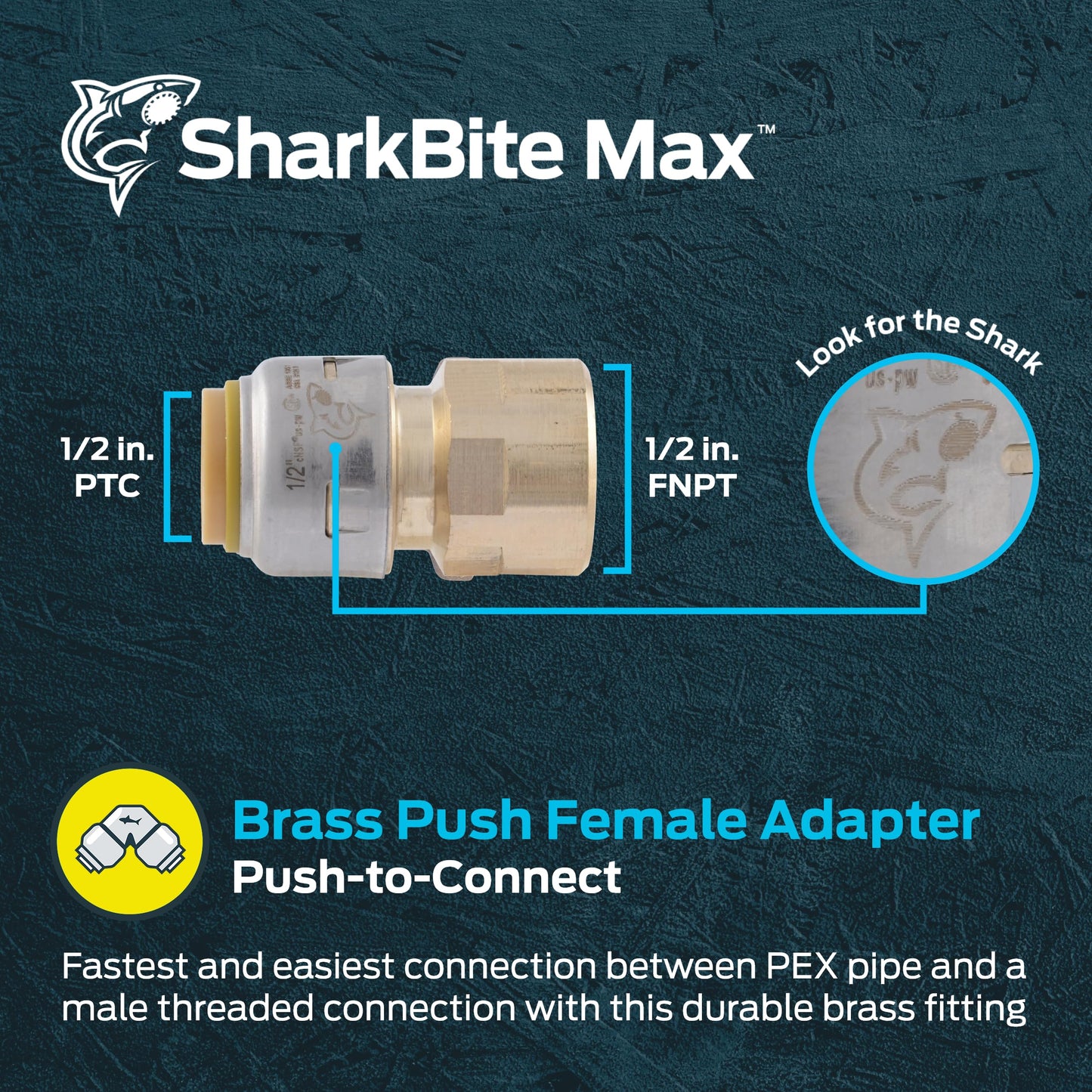 SharkBite Max 1/2 x 1/2 Inch FNPT Adapter, Push To Connect Brass Plumbing Fitting, PEX Pipe, Copper, CPVC, PE-RT, HDPE, UR072A