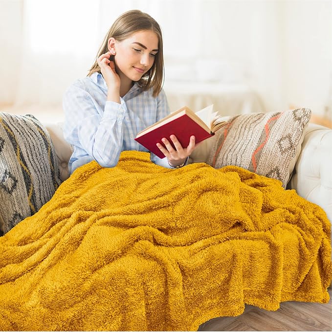 PAVILIA Sherpa Throw Blanket for Couch Sofa, Mustard Yellow Fluffy Warm Plush Blanket for Bed, Cozy Super Soft Lightweight Throw, Fuzzy Decorative Blanket, All Season Home, 50x60