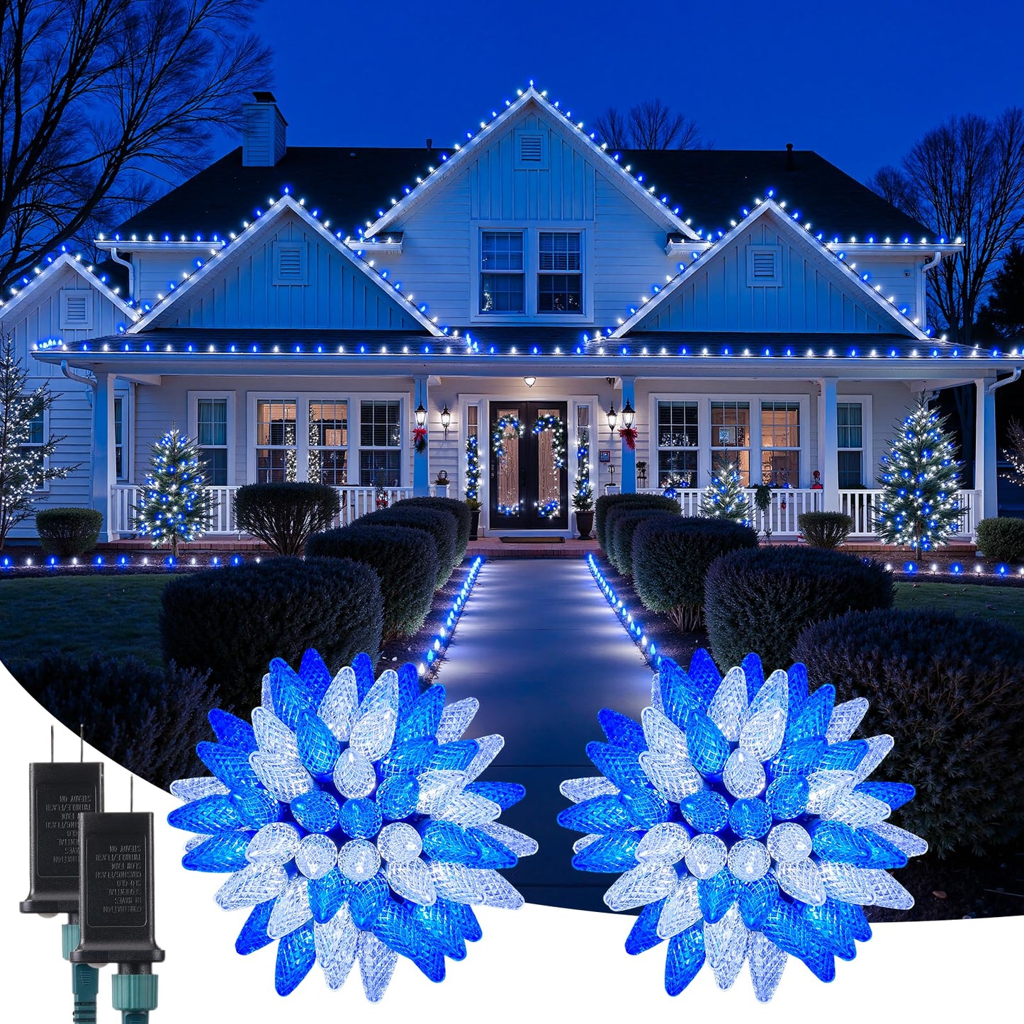 C9 Christmas Outdoor Lights  72 Ft 110 Led C9 String Lights  8 Modes & Timer Extendable Waterproof For Christmas Tree Indoor Outdoor Roofline Patio Outside Garden Backyard Xmas Decor  Blue White