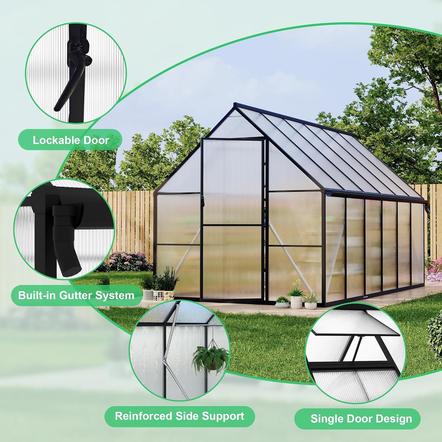 8'x12' Aluminum-Framed Polycarbonate Greenhouse, Heavy Duty Polycarbonate Greenhouse with Quick Setup Structure and Roof Vent, Large Enhanced Aluminum GreenhouseKit for Outdoors