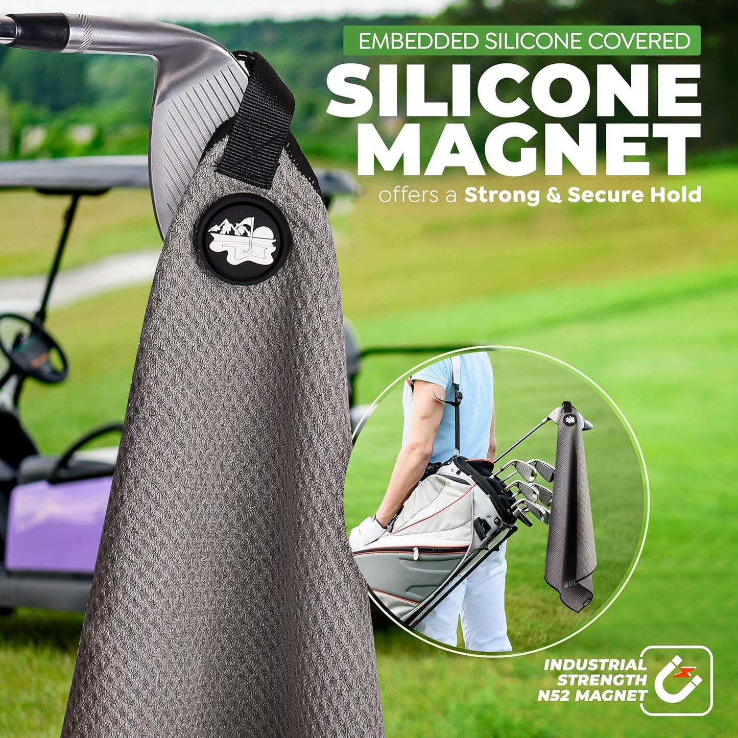 Golf'N Microfiber Towel - Magnetic Golf Towel Dark Gray 16" x 24" Golf Towels for Golf Bags with N52 Heavy Duty Magnets, Carabiner Clip & Cross Stitched Reinforced Loop, Premium Golf Accessories