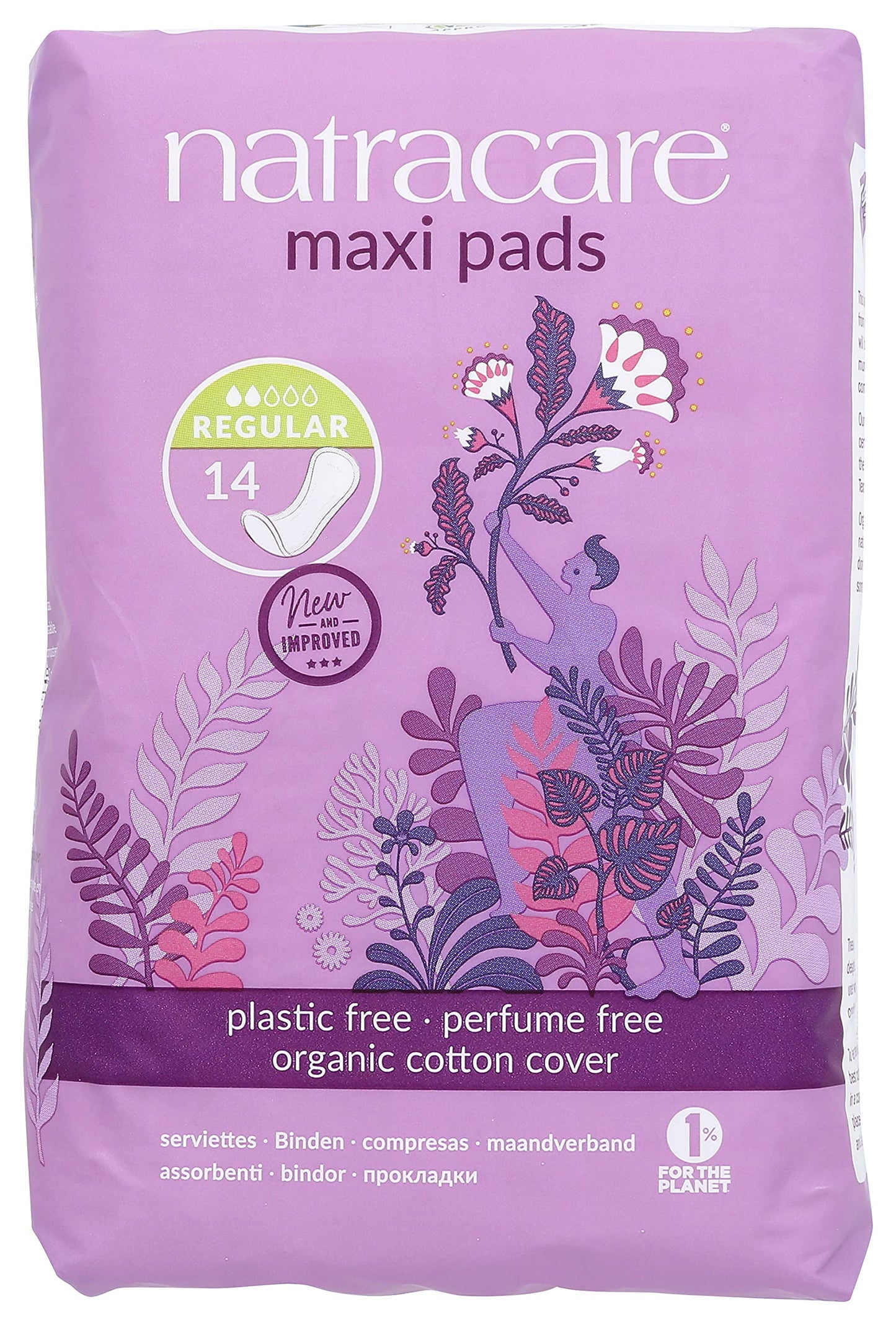 Natracare Natural Traditional Style Maxi Pads, Regular, Individually Wrapped, Without Wings in Plant-Based Bag (1 Pack, 14 Pads Total)