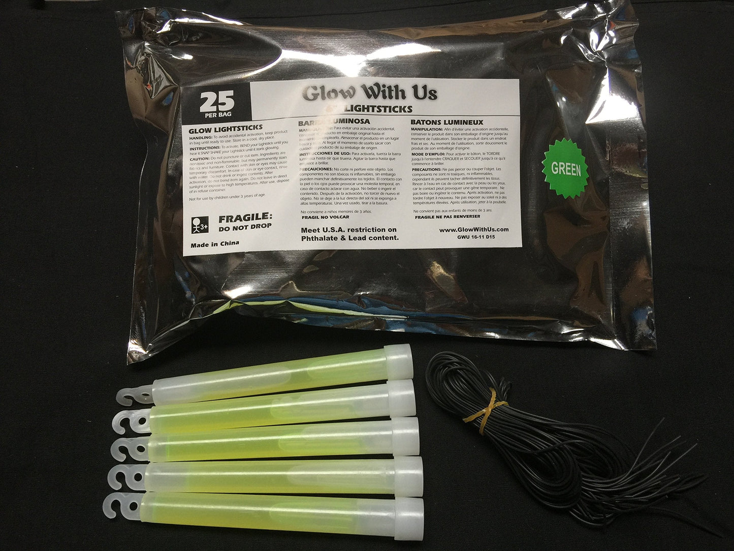 Glow With Us Glow Sticks - 25 Pack, 6” Plastic Green Light Sticks, 12-14 Hour Glow, Industrial Grade, 3-Year Shelf Life