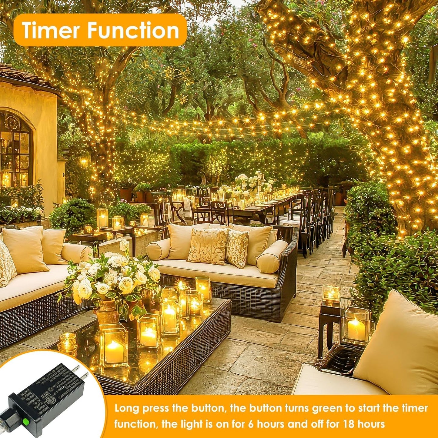 BHCLIGHT 99Ft 300 LED Fairy Lights, Waterproof, 8 Modes, Timer, Warm White, Indoor/Outdoor, Model MLS-D4.5V1.35WUC-O