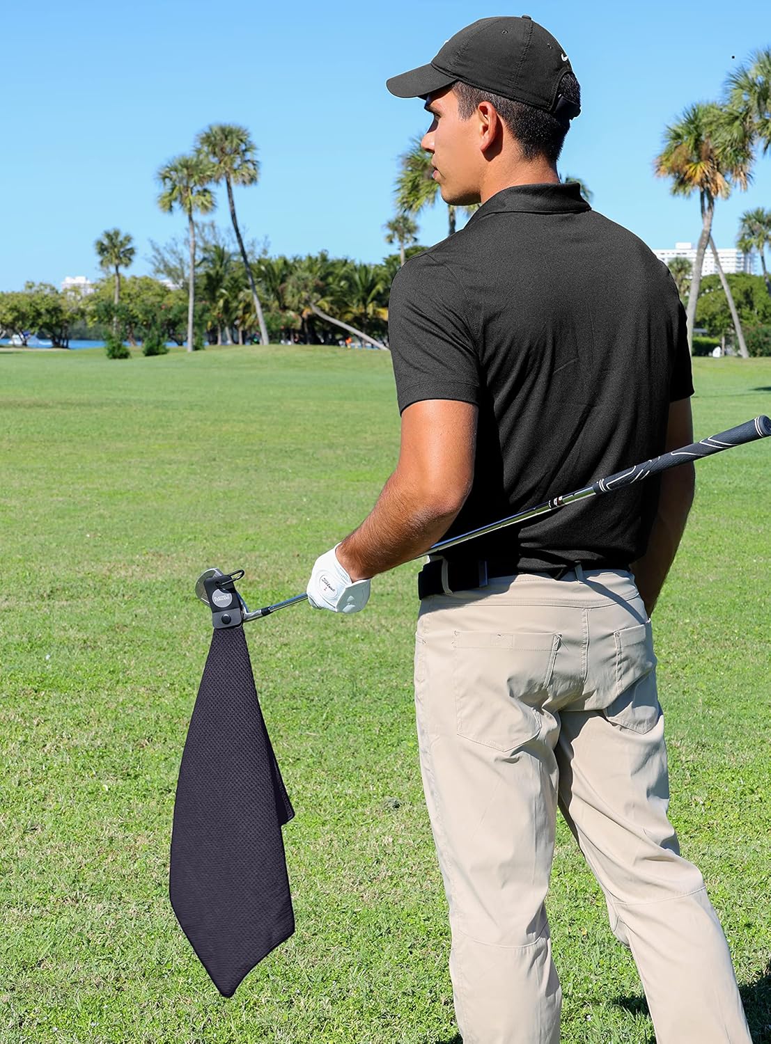Magnetic Golf Towels for Golf Bags with Clip & Ultra Strong Magnet - Waffle Weave Microfiber Towel for Secure Hold on Bags & Carts - Ideal Club Cleaner & Accessories - Black
