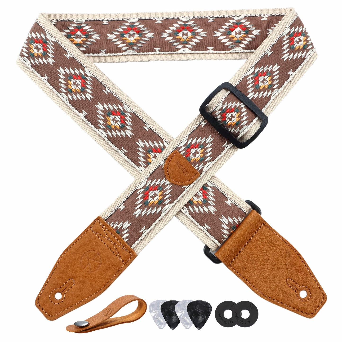 YIKOKO Guitar Strap 2 inch Embroidery Cotton Guitar Straps with Full Grain Leather End, for Bass, Electric and Acoustic Guitars,