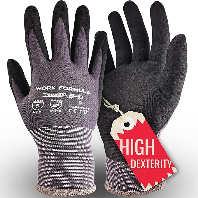 WORK FORMULA High Dexterity Grip Gloves, 5/10 Pack, ANSI Abrasion Level 5, Unisex, XS-3XL