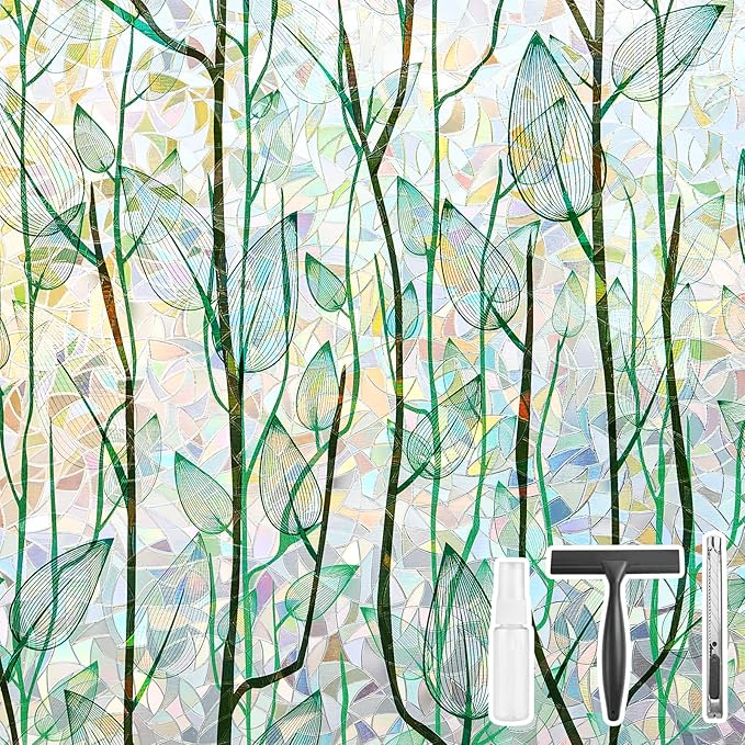 Finnez Window Privacy Film Window Film 3D No Glue Glass Sticker for Glass Door Home and Office Heat Control Anti UV (35.4 Inch x 6.5 Feet, Rainbow Grove)