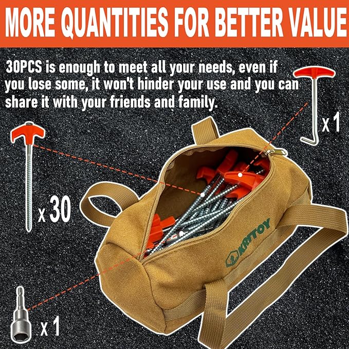 30 Pack Tent Stakes Heavy Duty - 8" Screw in Tent Stakes - Ground Anchors Screw in - Tent Pegs Camping Stakes - Metal Threaded Tent Spikes with 1 Hex Head Driver, 1Stopper T Pull Hook and Storage Bag