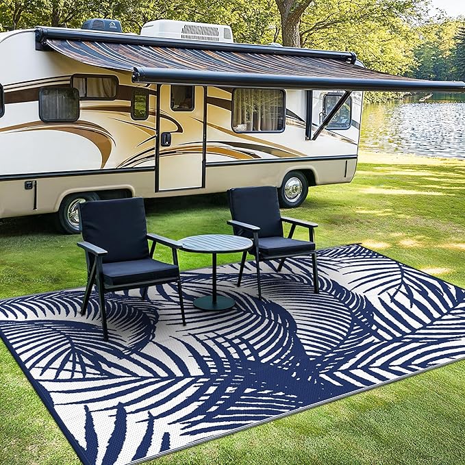 GENIMO Outdoor Rug 9' x 12' Waterproof for Patio Clearance, Reversible Plastic Straw Camping Carpet, Lightweight Mats for Rv, Backyard, Deck, Porch, Picnic, Beach, Balcony, Blue & White