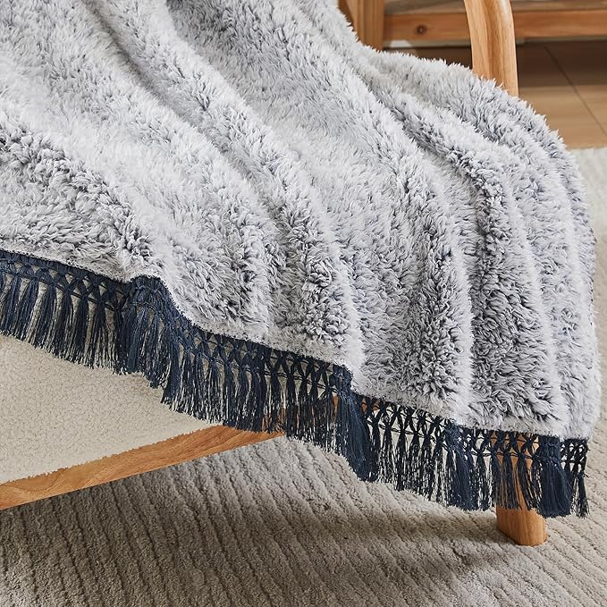 EMME Fleece Throw Blankets Soft Sherpa Plush Blankets for Couch Cozy Bed Blanket(Tassel Navy, 90"x90")