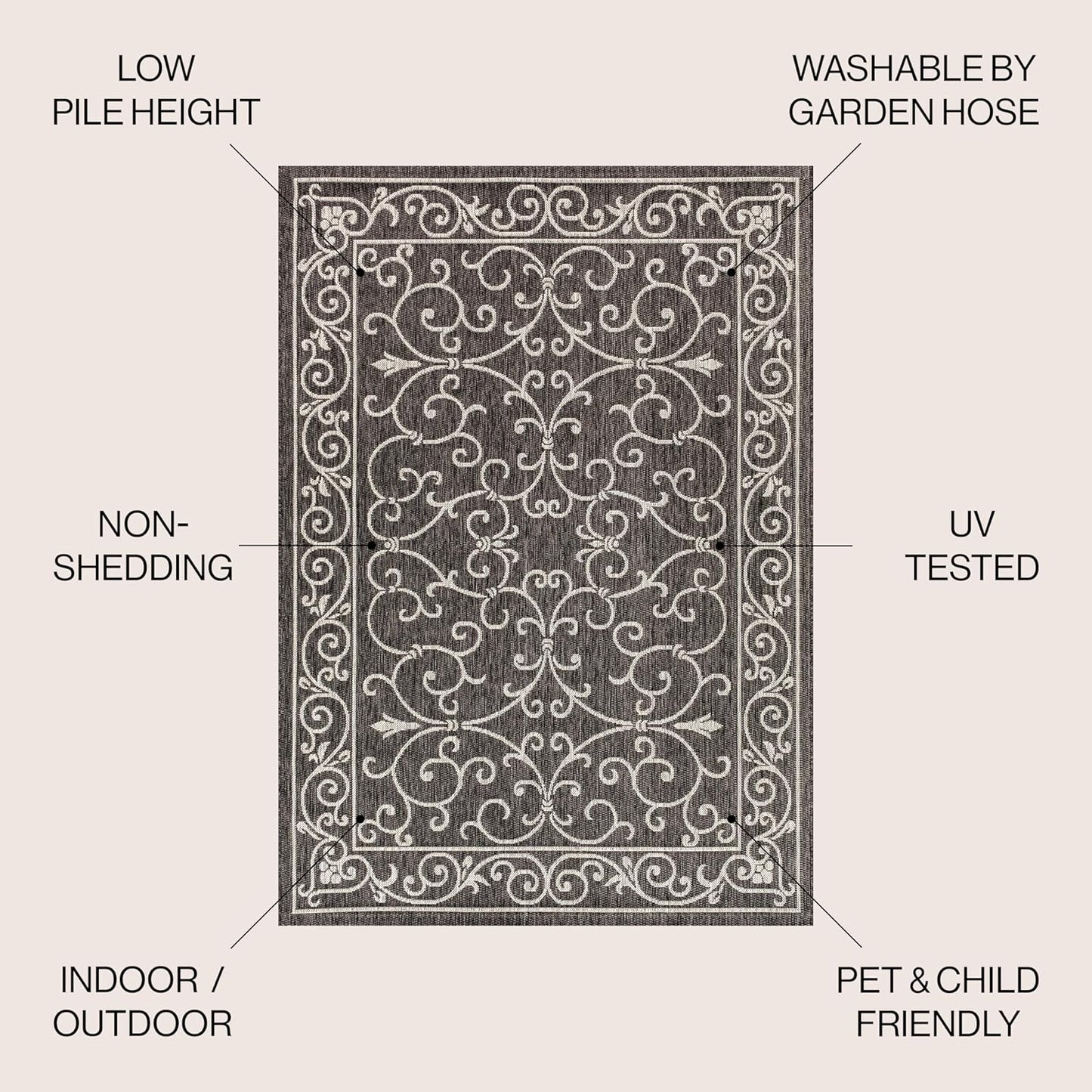 JONATHAN Y Vintage Filigree Indoor Outdoor Square Area Rug 3X3 Black/Gray, Charleston Textured Weave for Backyard, Patio, Porch, Easy-Cleaning, High Traffic, Pet-Friendly, Non-Shedding (SMB106G-3SQ)