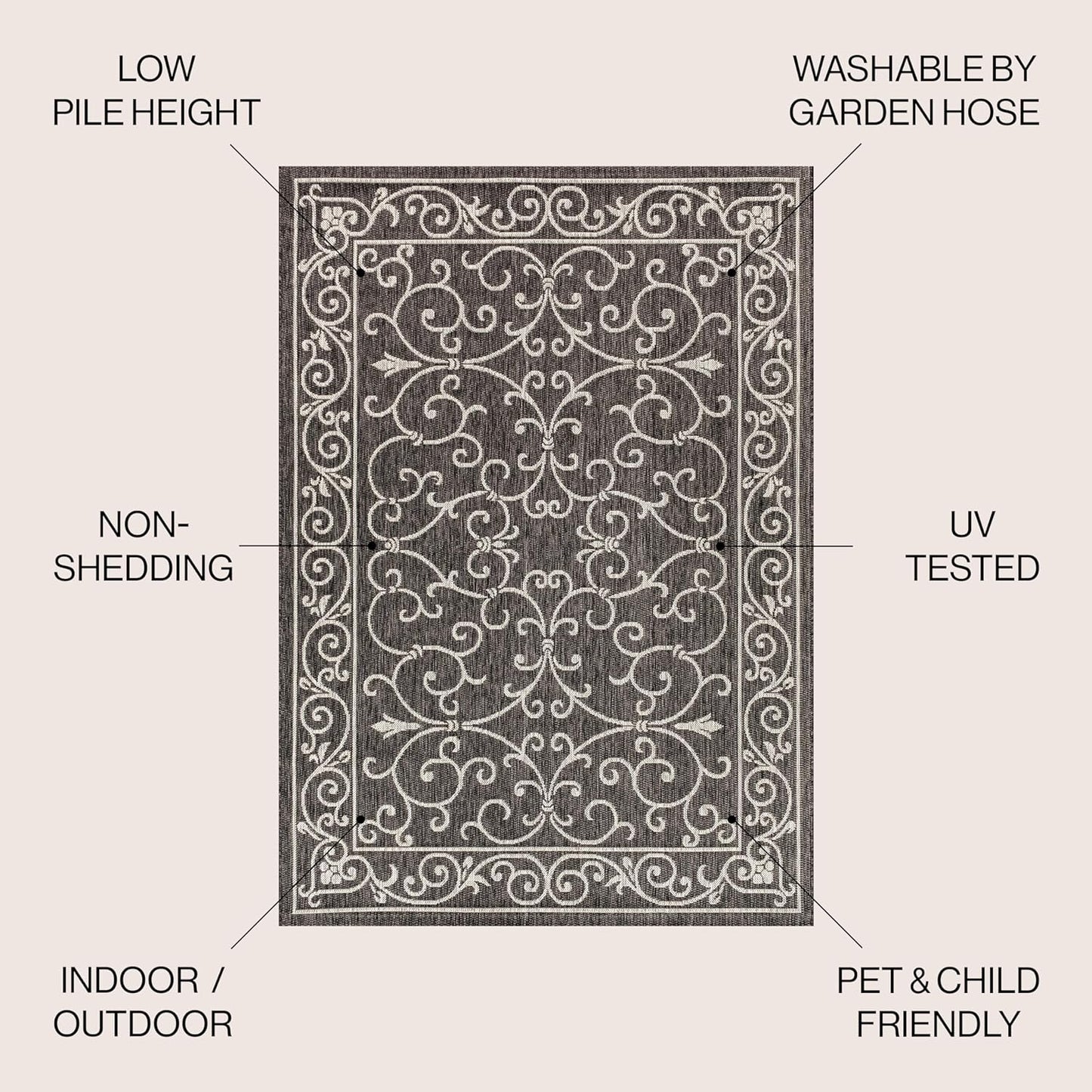 JONATHAN Y Vintage Filigree Indoor Outdoor Area Rug 9X12 Black/Gray, Charleston Textured Weave for Backyard, Patio, Porch, Easy-Cleaning, High Traffic, Pet-Friendly, Non-Shedding (SMB106G-9)