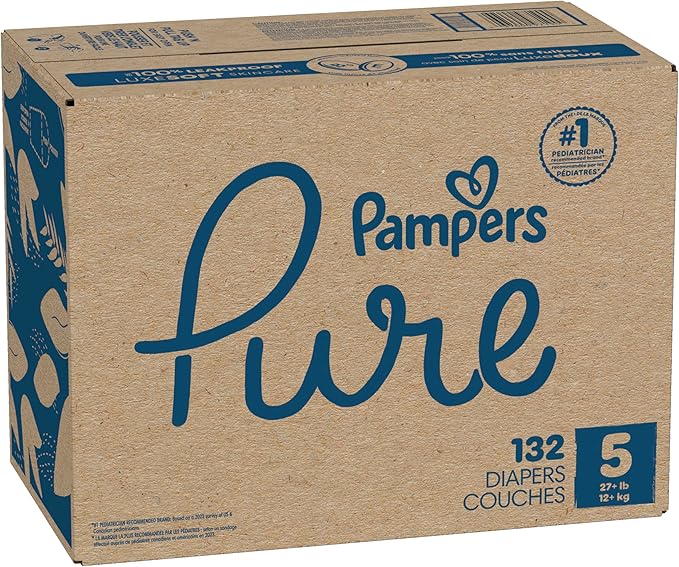 Pampers Pure Protection Baby Diapers, Size 5 (27+ lbs), 132 Count, Up to 100% Leakproof, Premium Plant-based Skin Protection, Hypoallergenic Soft Diapers