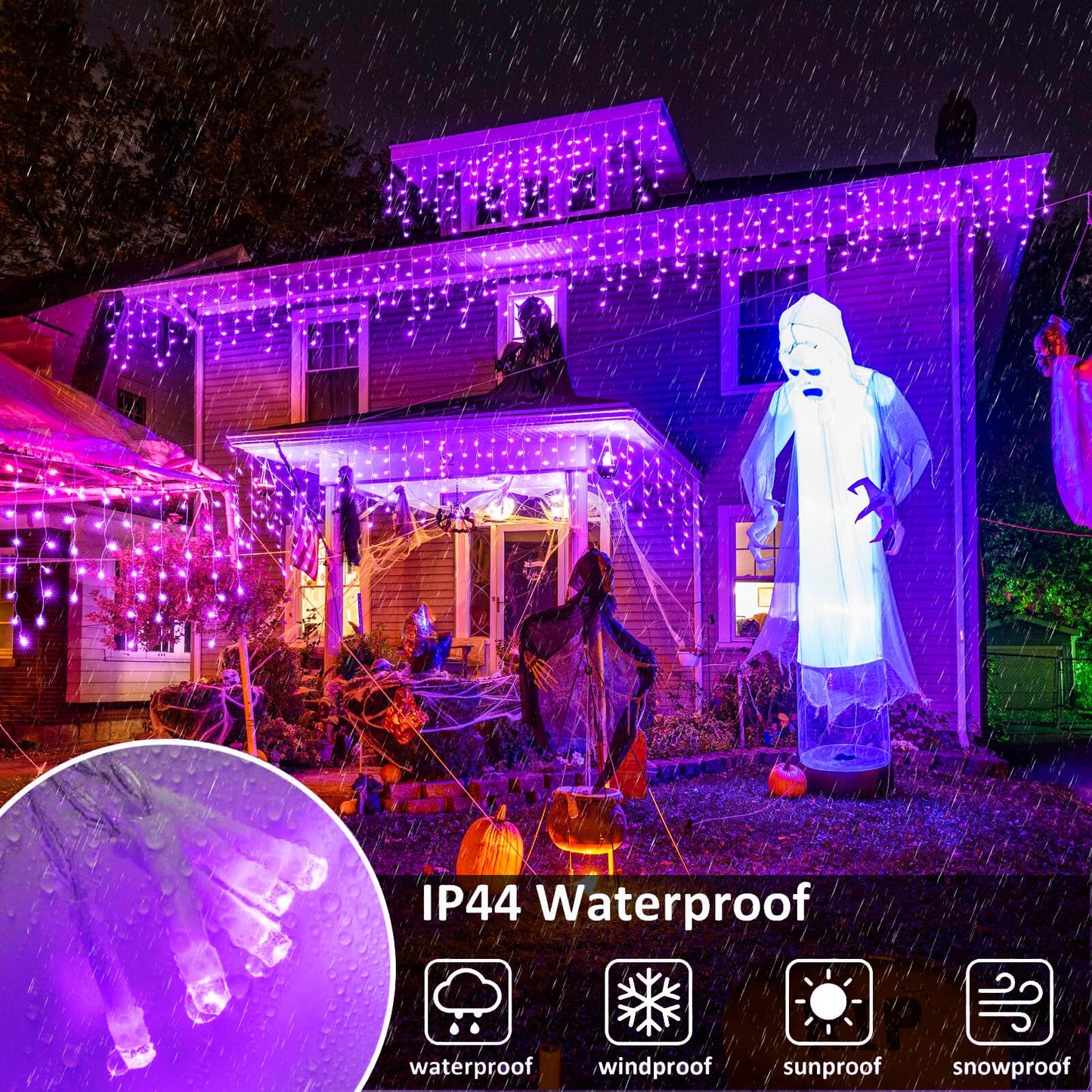 XmasBokeh 640 LED Icicle Lights, 66FT Outdoor String Curtain Light, 8 Modes, Waterproof, Purple, Model BG-CL3M3-306L01