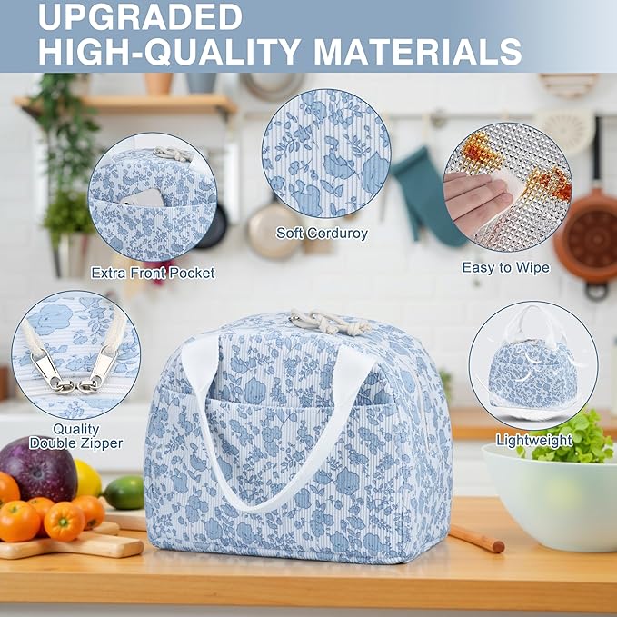 Lunch Bag - Insulated Lunch Box for Women, Reusable Large Capacity Cooler Bag for Adult, Small Leakproof Cute Corduroy Lunch Tote for Work Office Travel Picnic (Corduroy Blue-Flower)