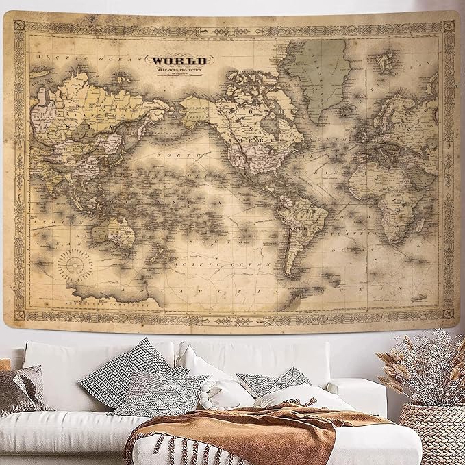 GOAOK Retro Old World Map Tapestry, Vintage Map Asian Northern European Topography Earth Educational Tapestry for Classroom, Brown Adventure Travel World Map Office Tapestry Wall Art 80"X60"