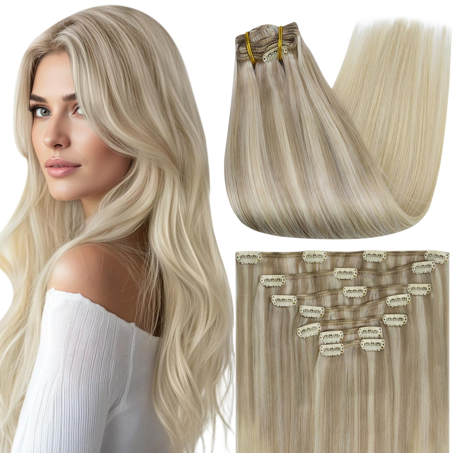 Full Shine Blonde Highlight Clip in Hair Extensions Blonde Hair Extensions Clip in Human Hair Balayage Human Hair Extension for