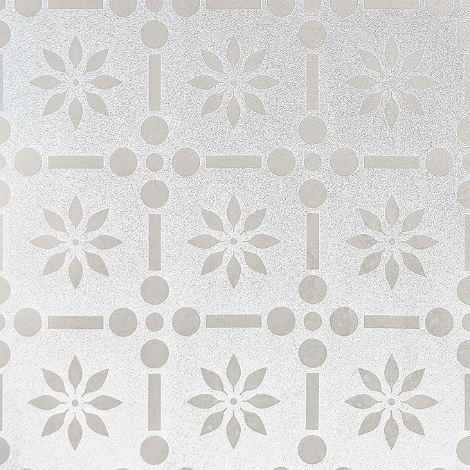 Window Privacy Film, Frosted Glass Decorative Static Cling, Removable Sun Blocking Vinyl Covering,Window Film for Home Kitchen Living Room Bathroom, ‌Floral Grid‌, 17.3" x 78.7"