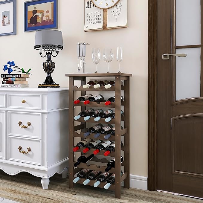 SMIBUY Bamboo Wine Rack, 28 Bottles Display Holder with Table Top, 7-Tier Free Standing Storage Shelves for Kitchen, Pantry, Cellar, Bar (Walnut)