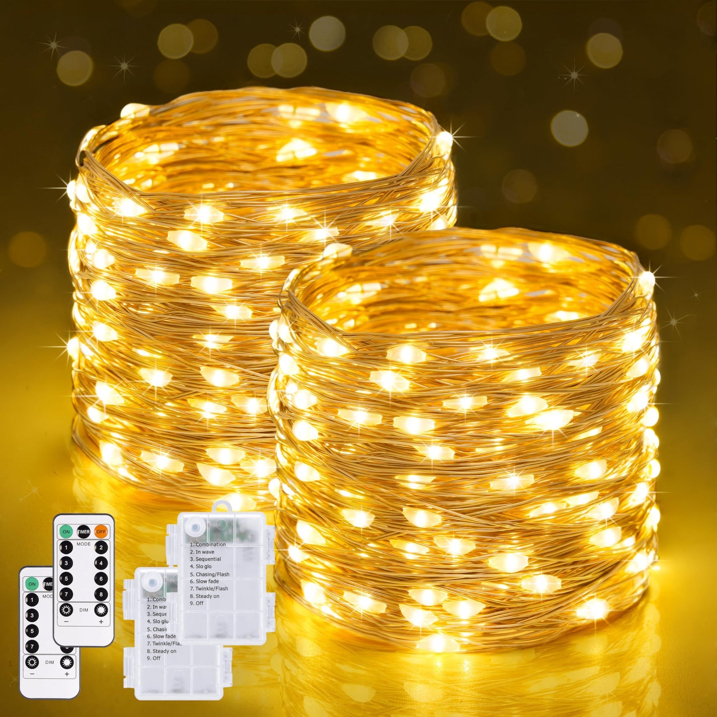 JMEXSUSS Fairy Lights 400 LED Battery Operated String Lights, 132ft, Warm White, 2 Pack, Remote Control, Indoor Outdoor Decor