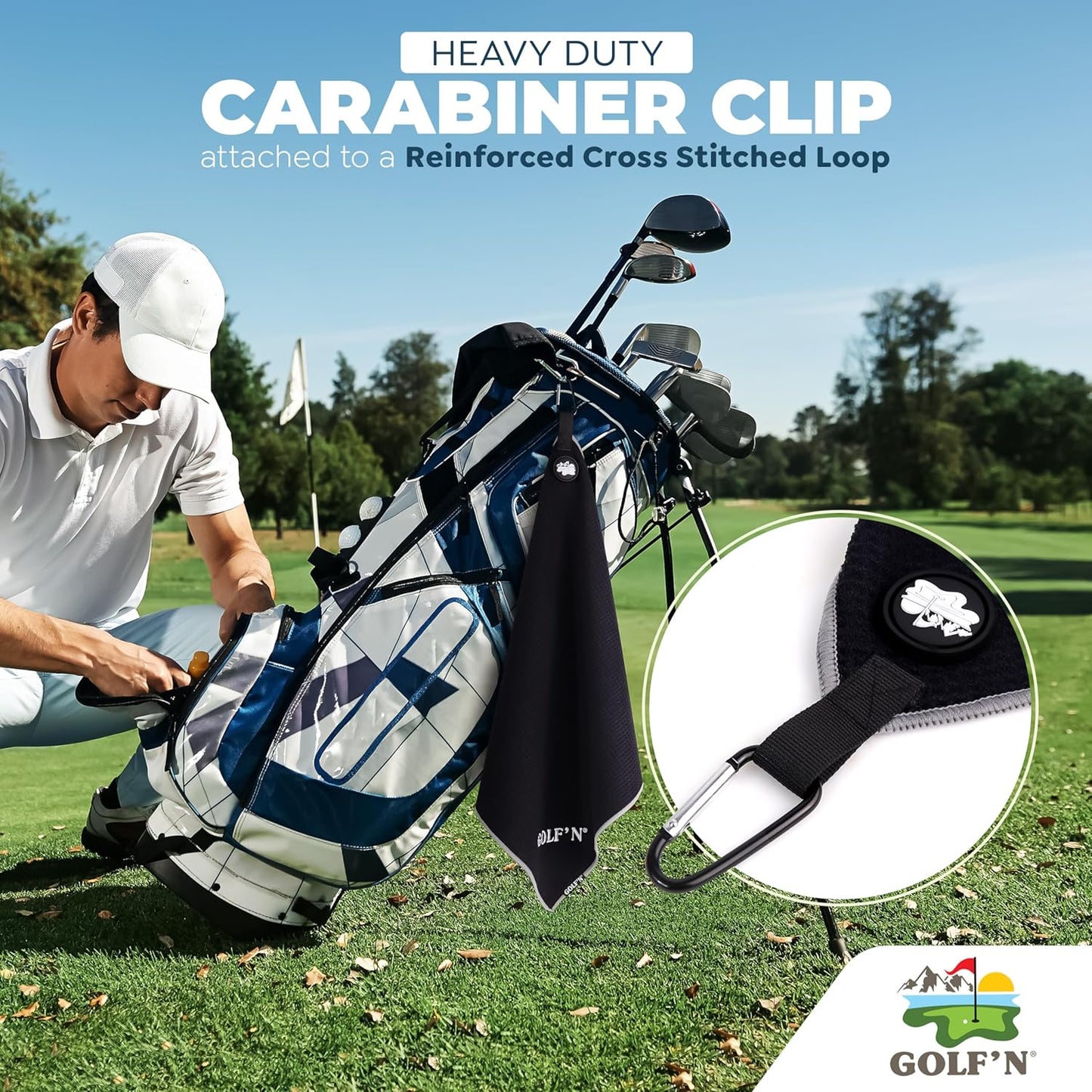Golf'N Microfiber Towel - Magnetic Golf Towel Black 16" x 24" Golf Towels for Golf Bags with N52 Heavy Duty Magnets, Carabiner Clip & Cross Stitched Reinforced Loop, Premium Golf Accessories