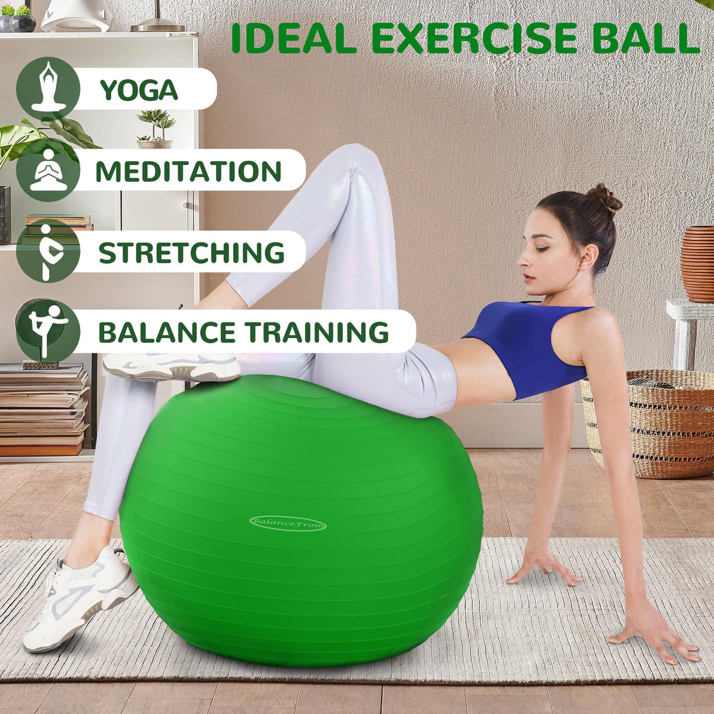 Fitvids Anti-Burst Slip Resistant Exercise Ball with Quick Pump, 2,000-Pound Capacity, Green, 30-inch, XL