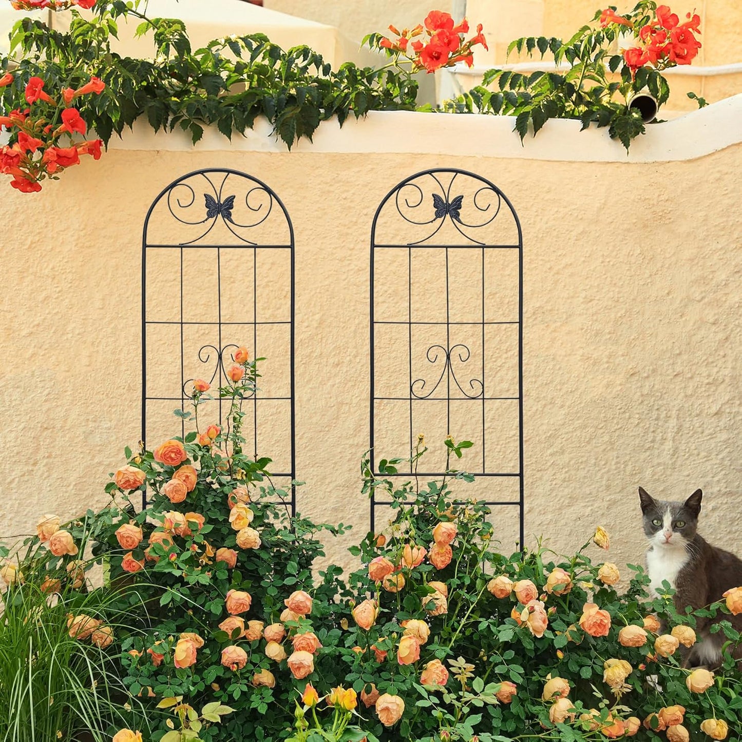 4 Pack Metal Garden Trellis for Climbing Plants, 86.7" Tall Rustproof Outdoor Trellis Panel with Line Butterfly Design, Decorative Black Iron Plant Support for Vine, Rose, Flower, Garden Wall