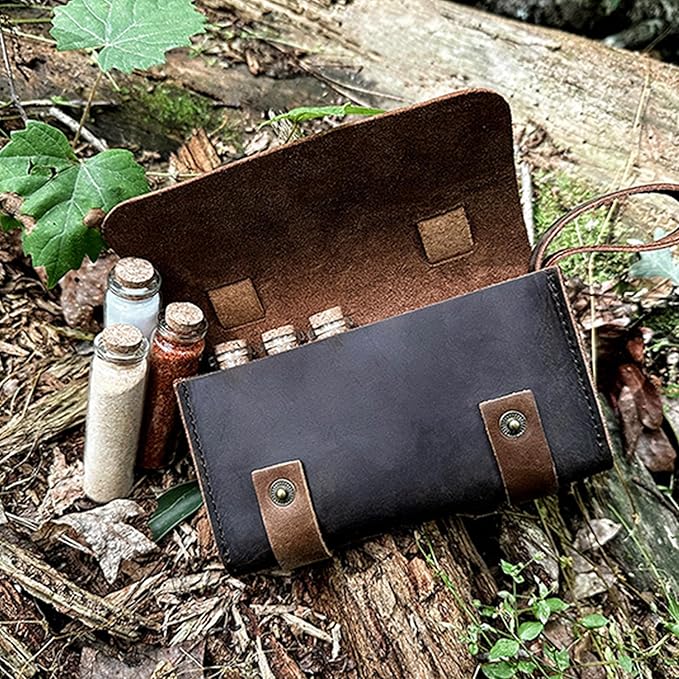 Ruck & River Leather Spice Wallet Spice Rack - 6 Spice Jars, Portable Seasoning Storage Organizer, Seasoning Bottle Holder, Condiment Container Set for Outdoor Camping BBQ Picnic