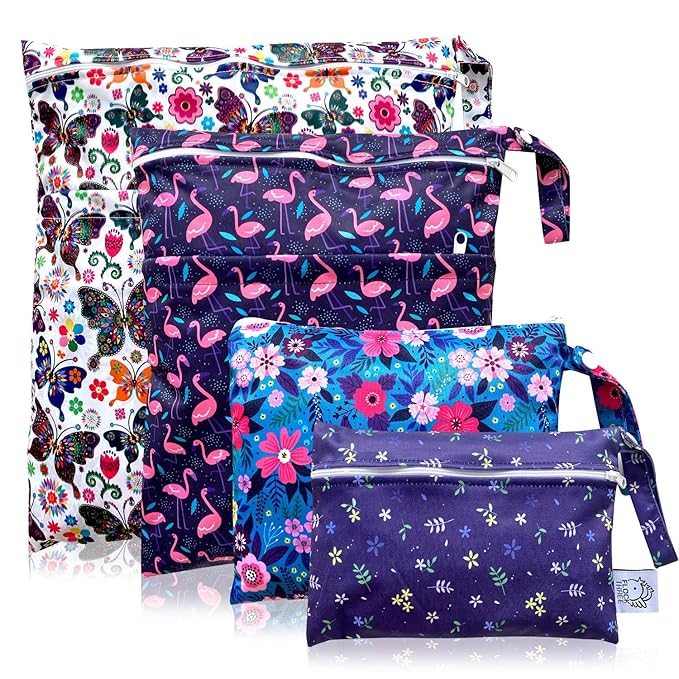 FLOCK THREE 4pcs Waterproof Wet Bag Reusable for Wet Clothes Baby Diapers Stroller Swimsuit Travel Reusable toiletries Pouch Small and Larger Electronics case 4 Pack (Flower Fantasy)