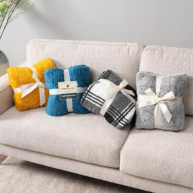 PAVILIA Sherpa Throw Blanket for Couch Sofa, White Black Fluffy Warm Plush Blanket for Twin Bed, Cozy Super Soft Lightweight Throw, Fuzzy Decorative Blanket, All Season Home, 60x80