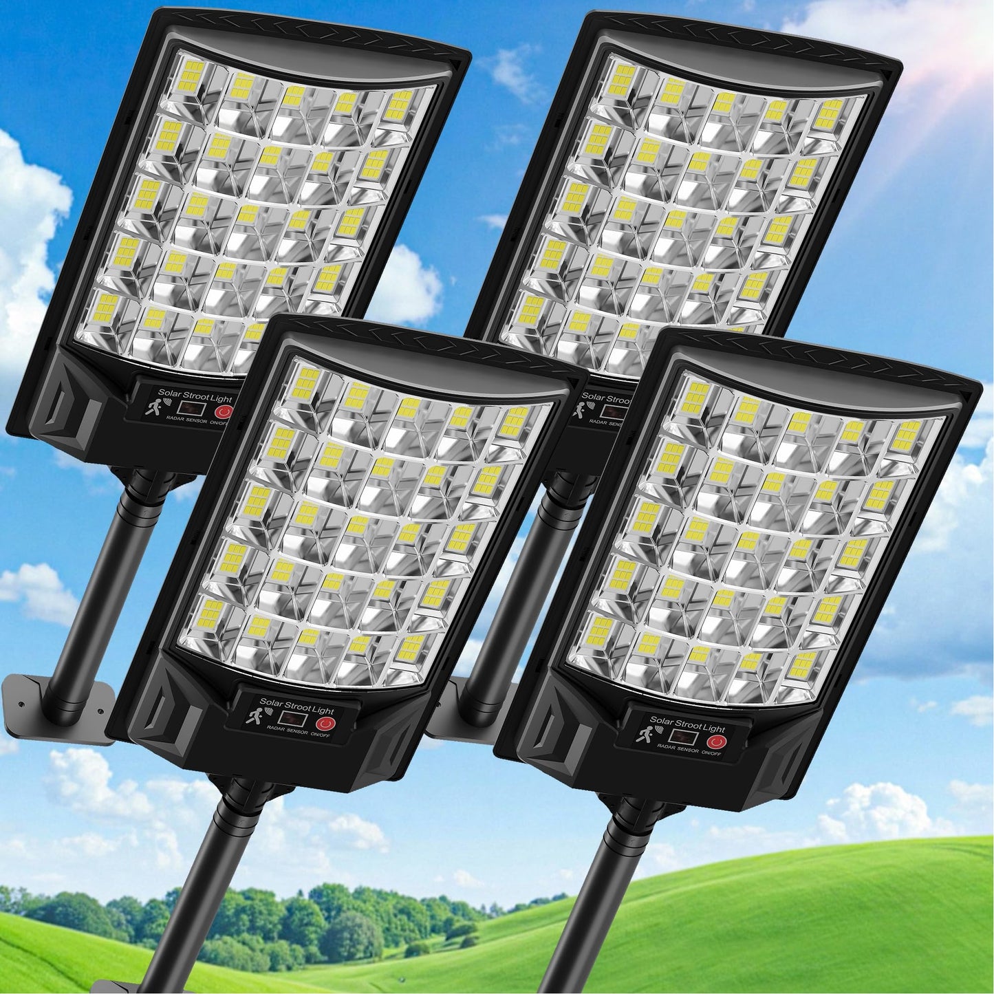 Aqraou Solar Street Lights Outdoor, 6500K LED, Motion Sensor & Remote Control, 4 Pack, Waterproof, White, Model 1