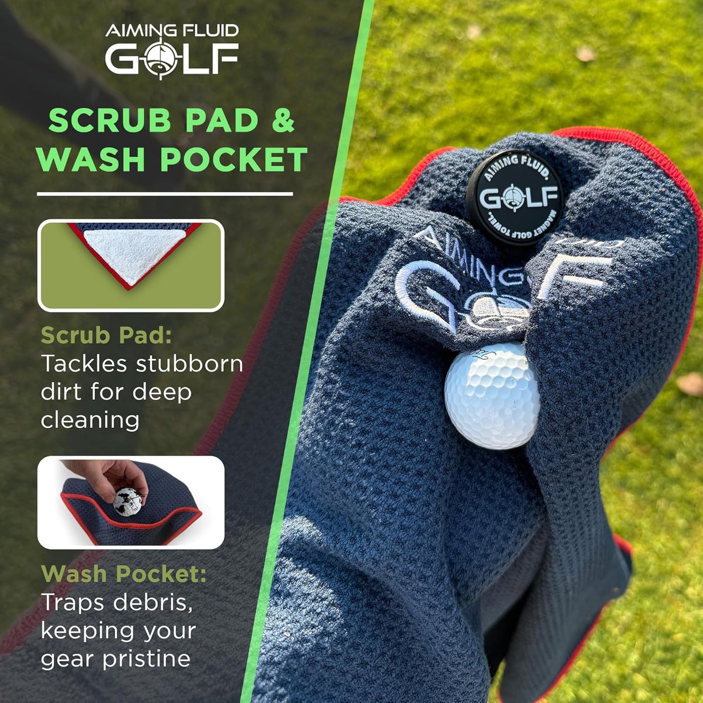 Magnetic Golf Towel & Magnetic Landing Pad – Premium Microfiber Waffle Weave I Scrub Pad I Wash Pocket I Golf Gift I Cart Carry and Tour Bag (Magnetic Landing Pad & 16" x 24" Golf Towel Black)