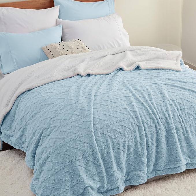Bedsure Sherpa Queen Size Blanket for Bed - GentleSoft Fleece Fluffy & Cozy Cable Jacquard Tufted for Women Gift, Thick and Warm Blankets for Winter, Blue, 90x90 Inches