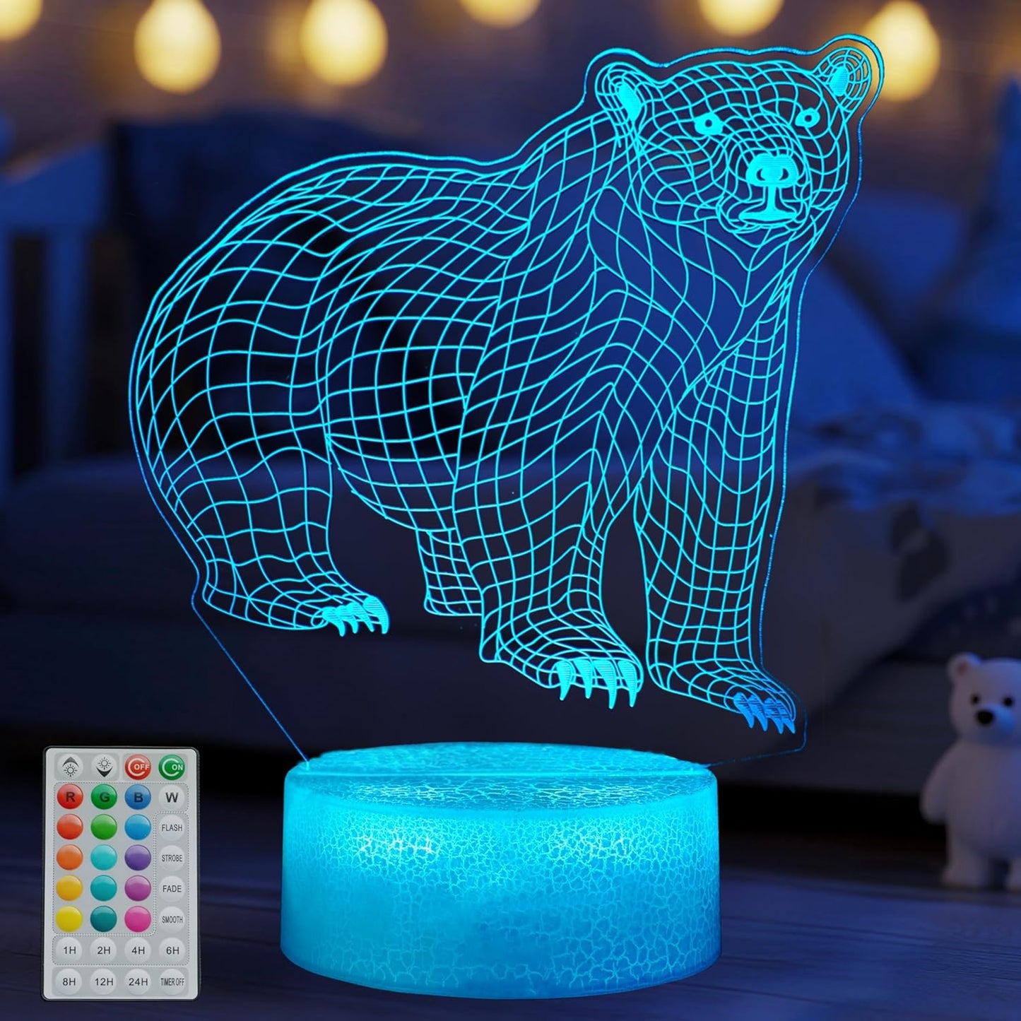 Polar Bear Night Light, 3D Illusion Lamp, RGB16 Colors Changing, Remote Control, Dimmable, Kids Room Decoration, Xmas Bear Gifts