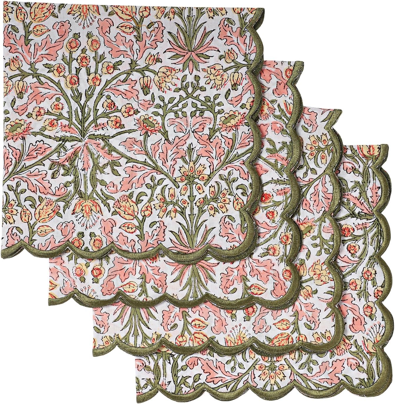 Ridhi Sassy Salmon Pink Hand Block Print Napkins 18" x 18" Set of 4 Reusable Cotton Dinner Napkins for Weddings, Parties & Everyday Dining, Thanksgiving, Christmas, Fall