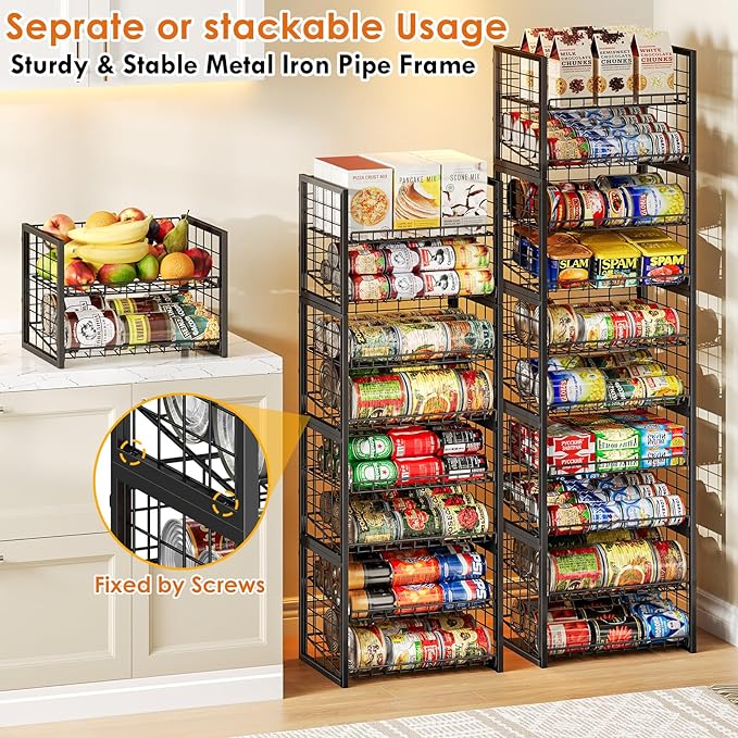 X-cosrack 2 Packs Stackable Can Rack Organizer for Pantry, 2-Tier Adjustable Pantry Can Storage Organizer for Canned Food Can Goods, Kitchen Can Dispenser Holder for Soda Drinks Snack, Black