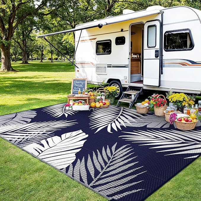 Outdoor Rug 4' x 6' for Patio Waterproof Clearance, Reversible Indoor Outdoor Plastic Straw Camping Rug Carpet, RV Mat, Large Area Rug for Deck, Backyard, Balcony, Porch, Navy Blue and White