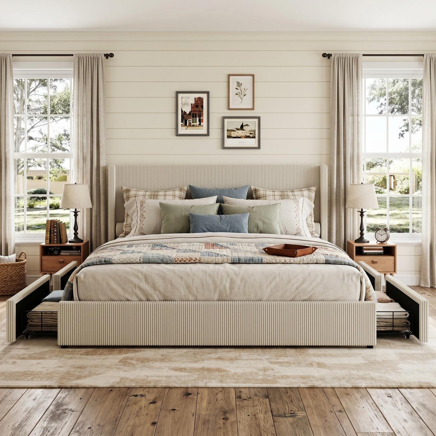 IDEALHOUSE King Size Bed Frame with Storage Drawers, Corduroy Upholstered Platform Bedframe with Wingback, Headboard and Footboard, No Box Spring Needed, Beige