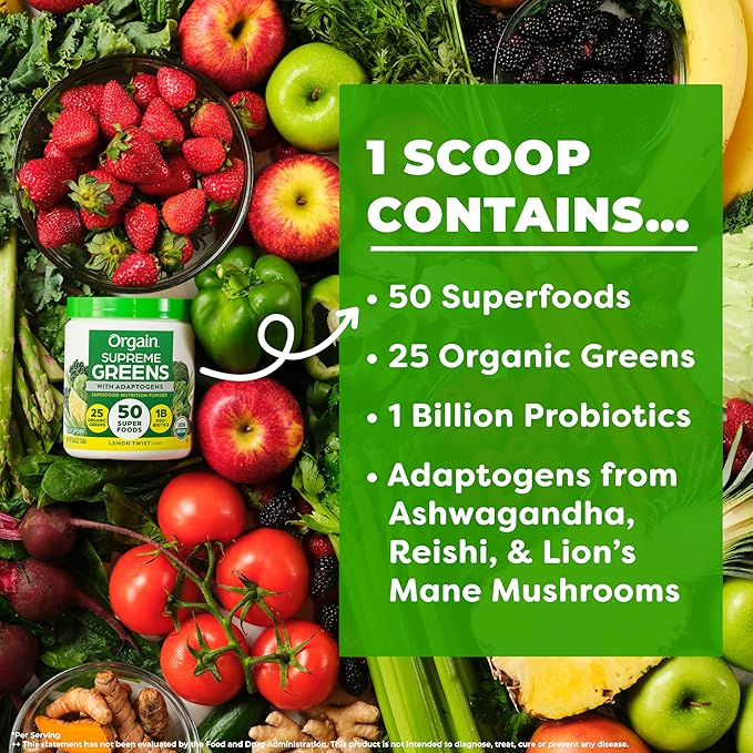Orgain Supreme Greens Powder, 50 Superfoods, 1 Billion Probiotics, and Adaptogens, for Gut Health and Immune Support, 1.5 Servings of Fruit and Veggies, Lemon Twist