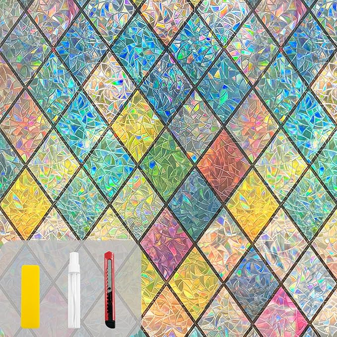 QHY Sunshine Colorful Rainbow Stained Glass Window Film Non-Adhesive Window Privacy Film Reusable Decorative for Room (Chequered Rainbow, 17.5 X 157.4 in)