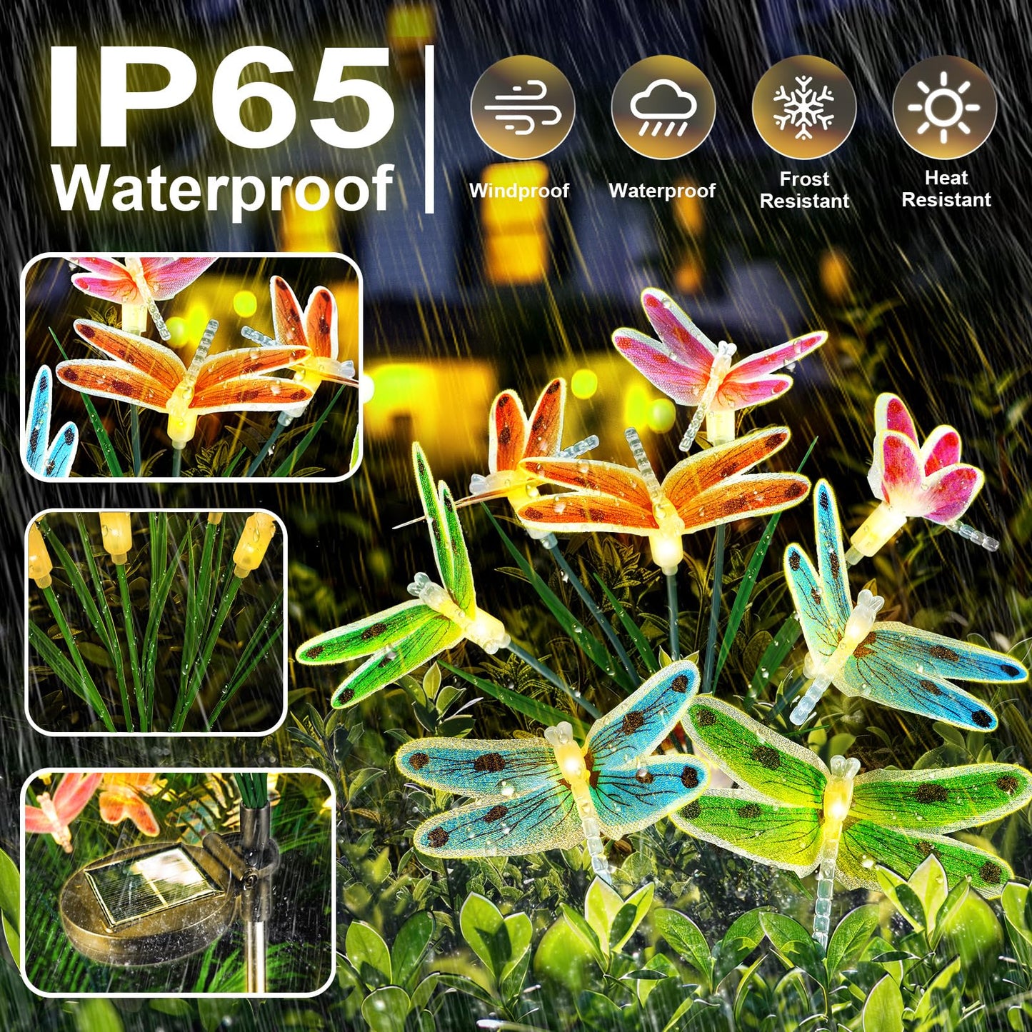 Anordsem Solar Garden Lights Outdoor: 8 Removable Fiber Optic Fabric Dragonflies 4 Pack - Waterproof Fun Animal Decoration For Yard Patio - Gardening Gifts For Garden Lovers
