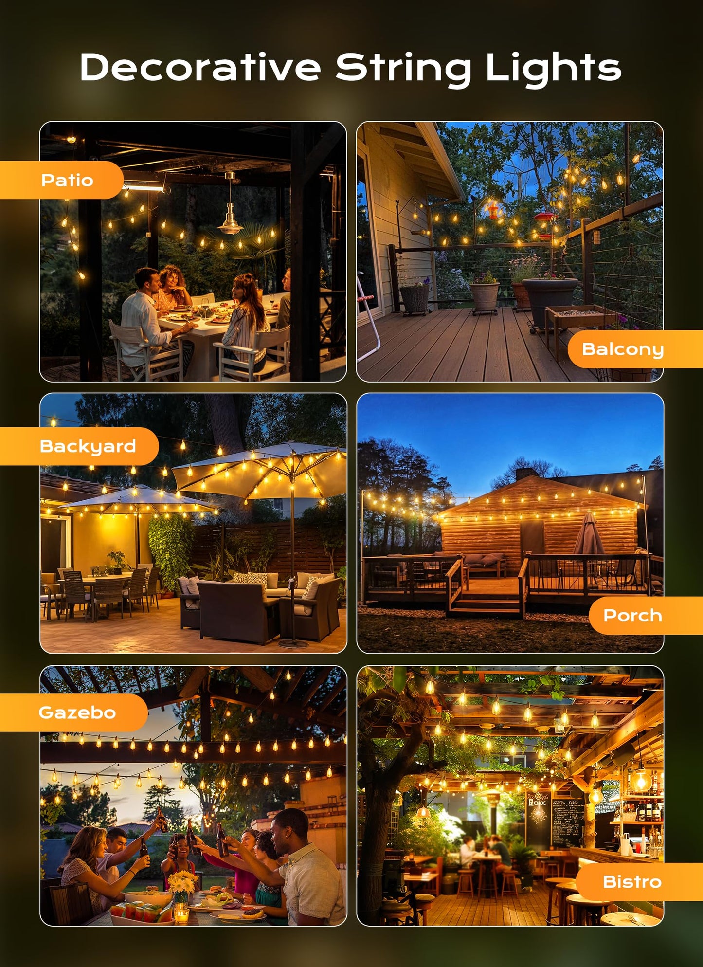 Brightown Outdoor String Lights, 50FT 25LED, Dimmable, Shatterproof, IP65 Waterproof, Black, Model GYPC-O25LAU