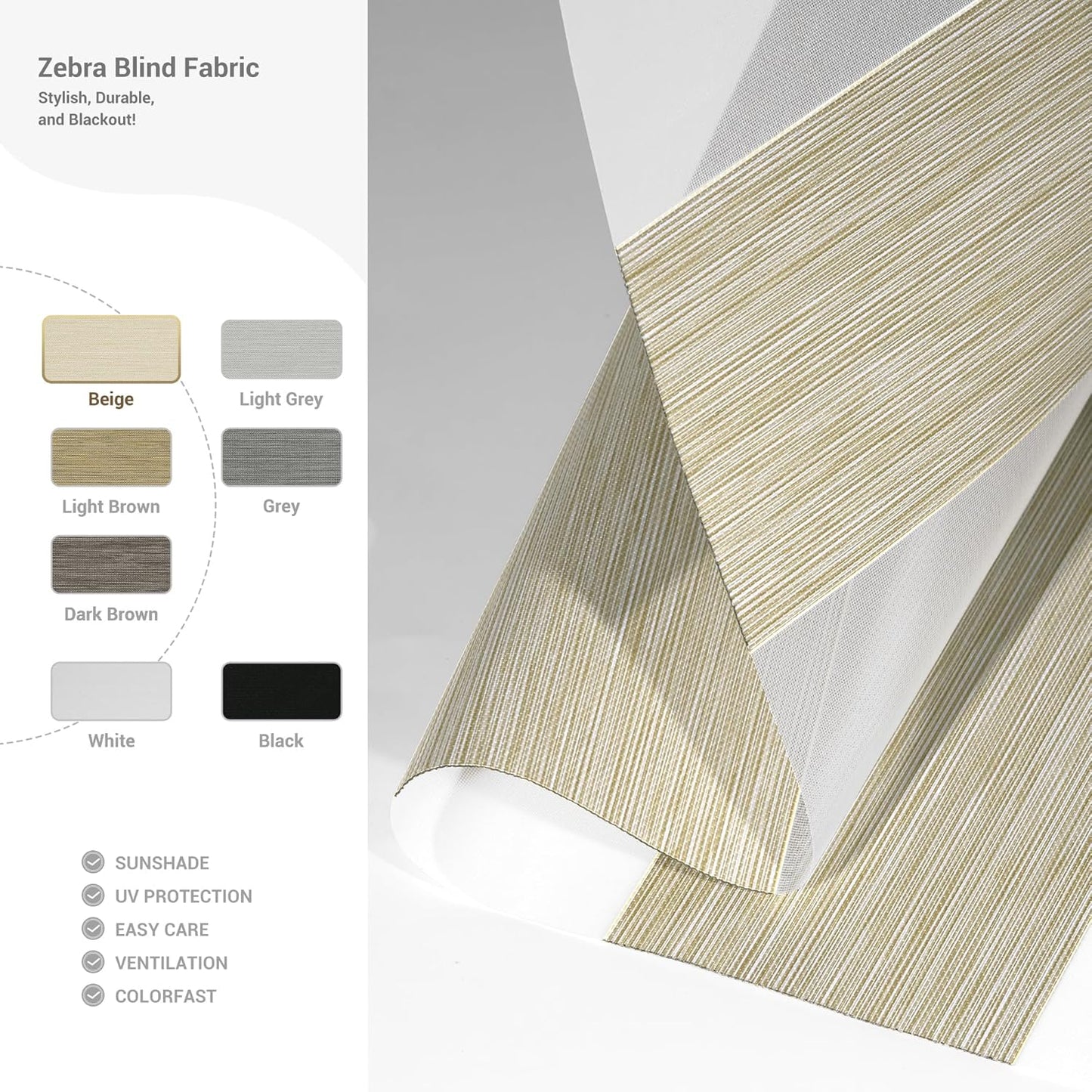 Cordless Zebra Blinds for Windows, Blackout Interior Blinds,Easy to Install,UV Protection,for Offices and Home,Custom Roller Shades, Mousse Beige,60" W x 56" H