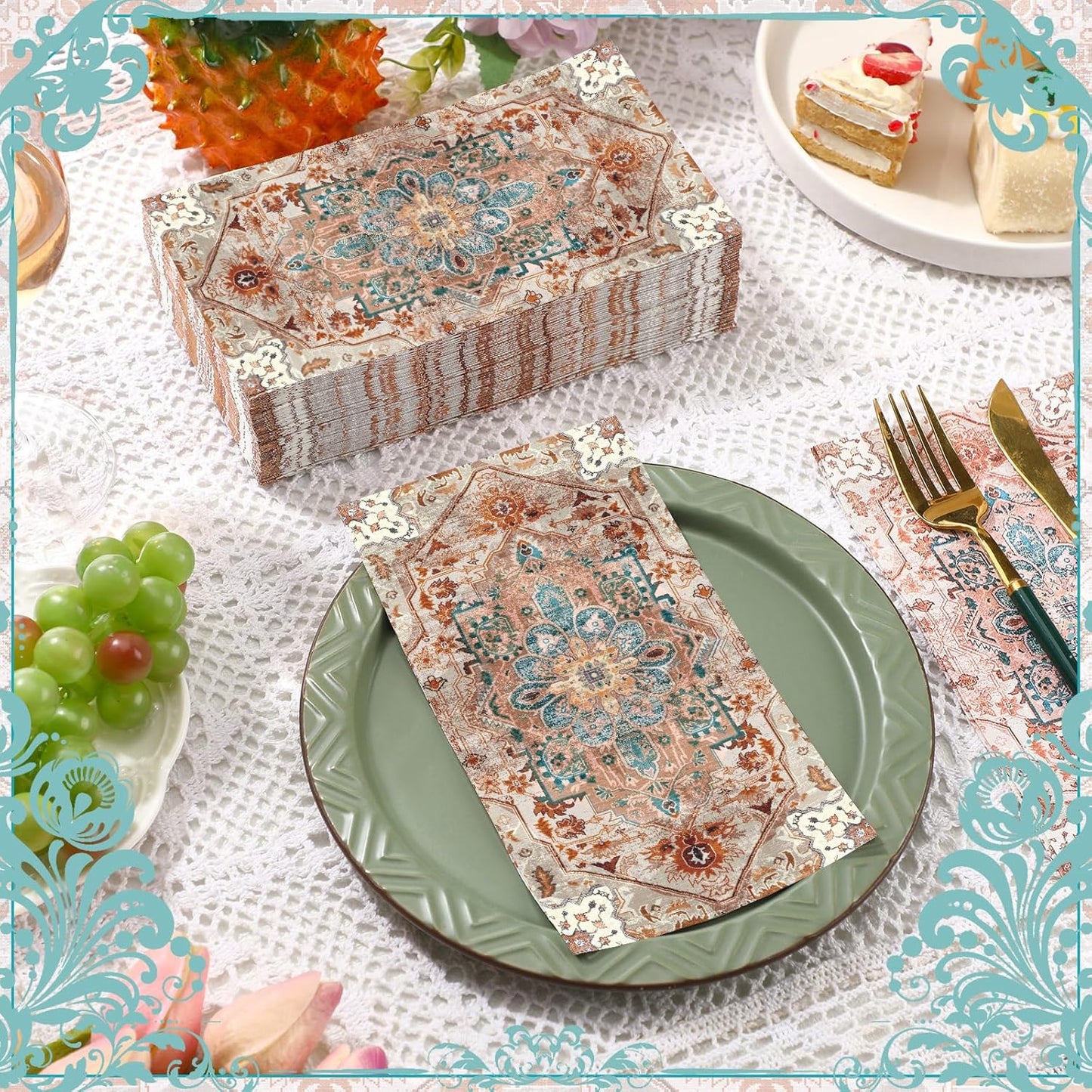 Yeaqee 100 Pcs Vintage Boho Napkins Paper Guest Towels 2 Ply Decoupage Napkins Disposable Decorative Hand Towel for Bathroom Kitchen Fall Wedding Party Dinner(Brick Red and Dark Blue)