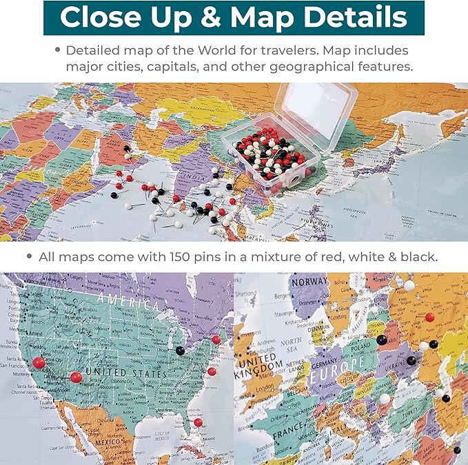 Push Pin Travel Maps - Customizable Blue Oceans World with Black Frame- 27.5" x 39.5" - 8 Handcrafted Frame Options - Made in USA - Ideal for Adventurous Travelers