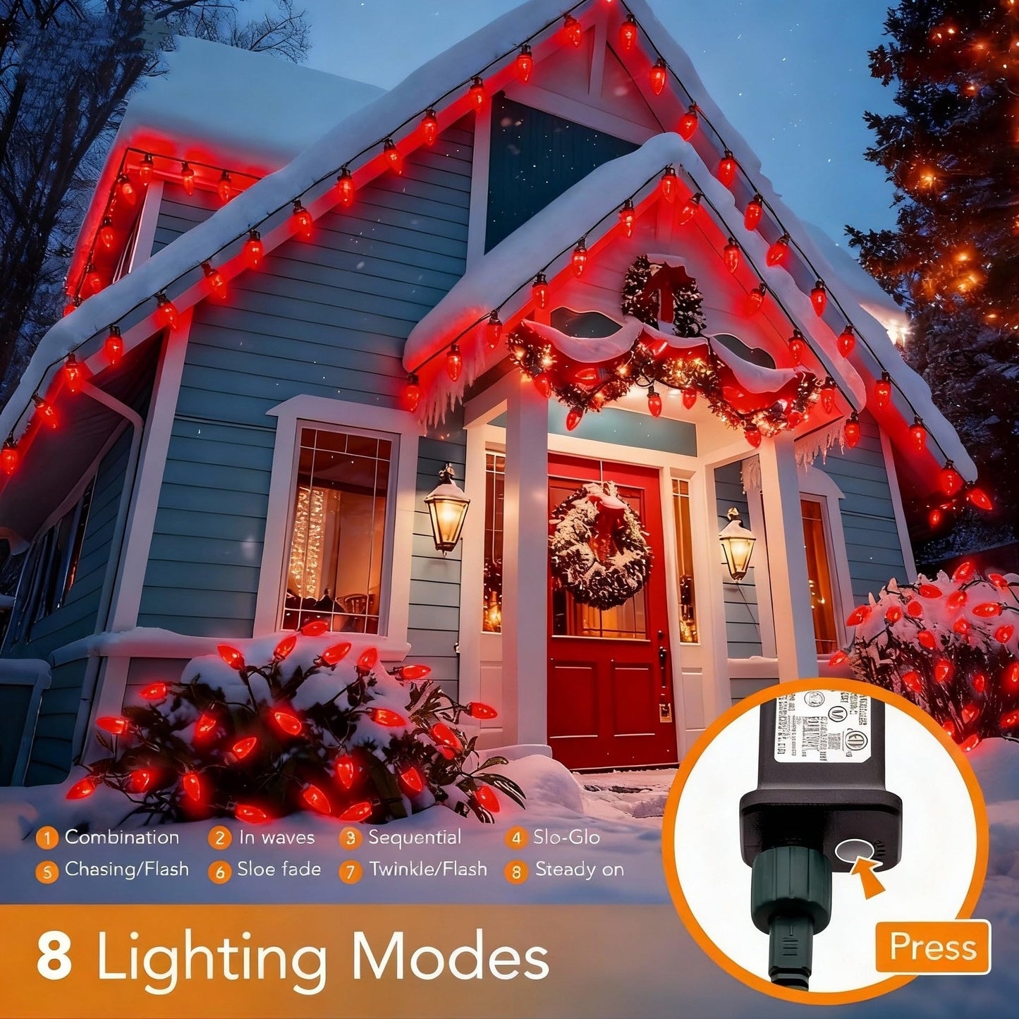 Ucutely C9 Led Christmas Lights Outdoor 33 Feet 50 Led 8 Lighting Modes Waterproof Connectable Christmas String Lights For Outside Roofline Patio Home Xmas Decorations (Red)