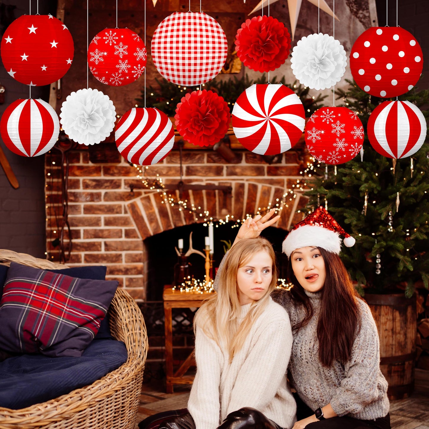 Renbuzhu 13Pcs Christmas Decorations Ornaments Set - 9 Red White Hanging Paper Lanterns  4 Pom Poms For Indoor  Home  Xmas Party  Porch Decor