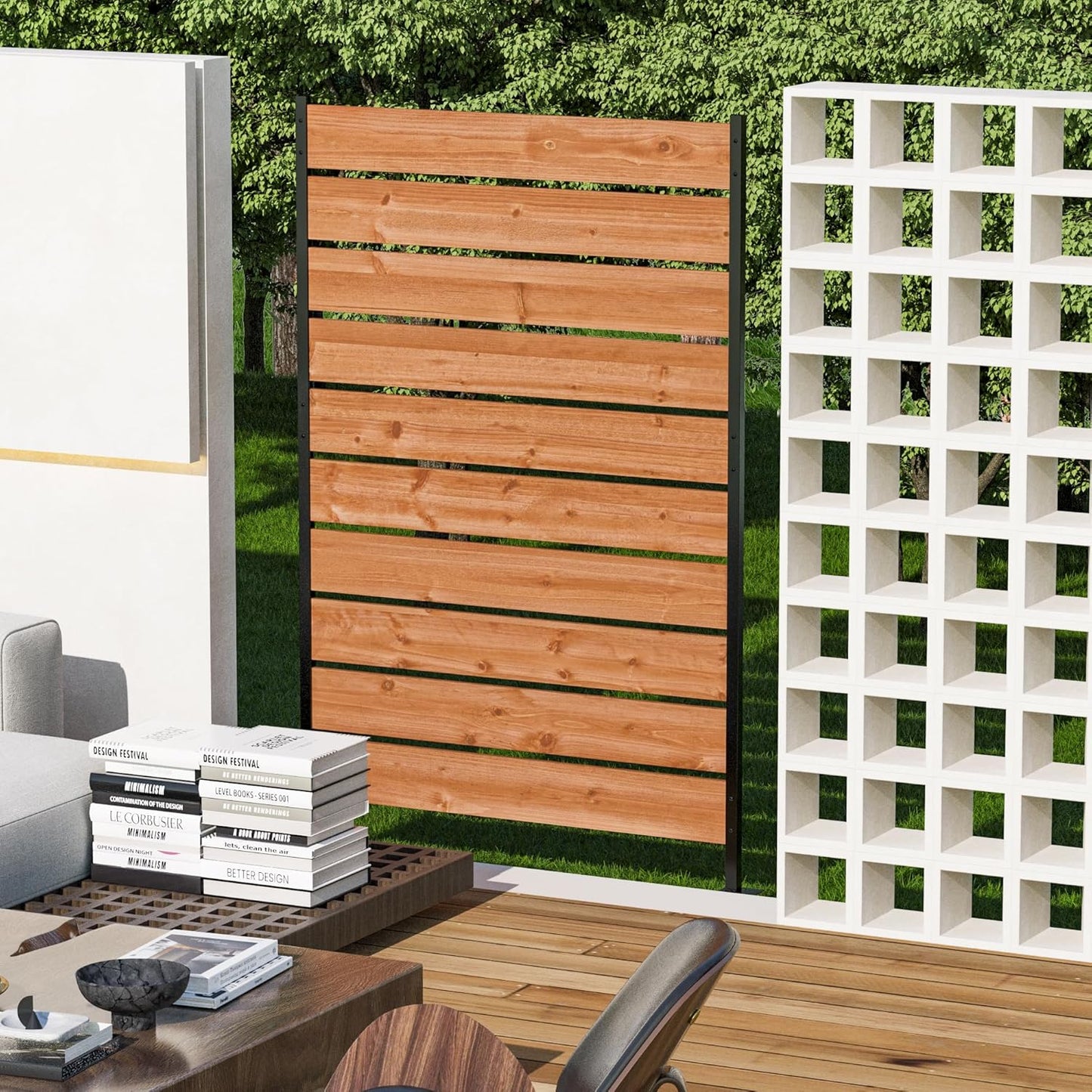 Modern Shade 5' x 3' Wood Privacy Fence Screen (1 Panel) Natural Wood, Outdoor Privacy Fence Panel for Deck Balcony, Conceals Trash Cans Air Conditioner, Ultimate Fence Privacy Screen
